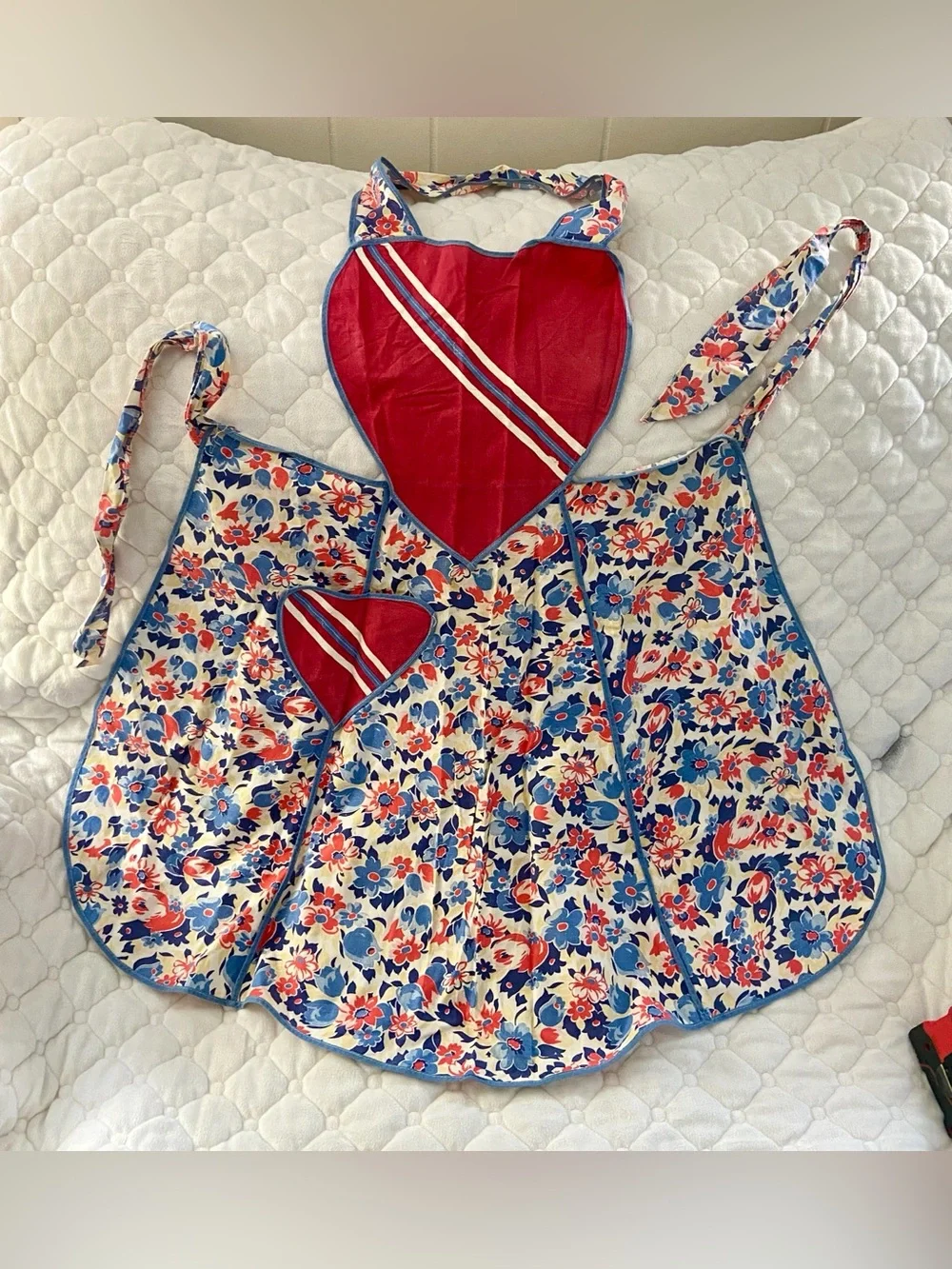 Vintage 50’s Apron with Red Heart Bib with diagonal stripes and floral apron